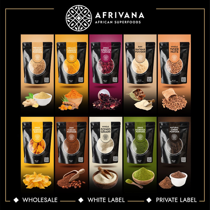 Vibrant dried hibiscus flowers. AFRIVANA African Superfoods. Check out our assortment of exotic herbs and botanicals.
