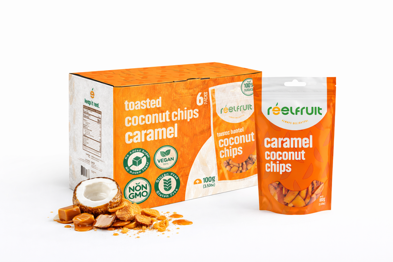 Box and packaging of caramel coconut chips. Distributed by AFRIVANA