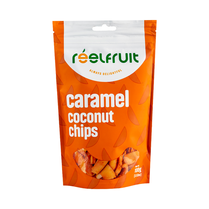 Packaging of caramel coconut chips by reelfruit brand. Distributed by AFRIVANA