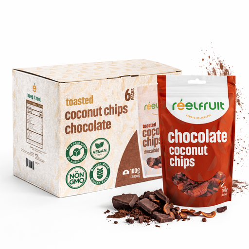 Box of toasted chocolate coconut chips and a single package on a white background. Distributed by AFRIVANA