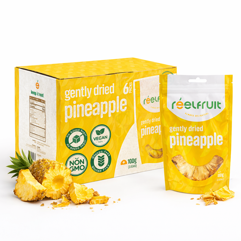 Dried Pineapple Fruit Snack. Reelfruit Brand, Distributed by AFRIVANA