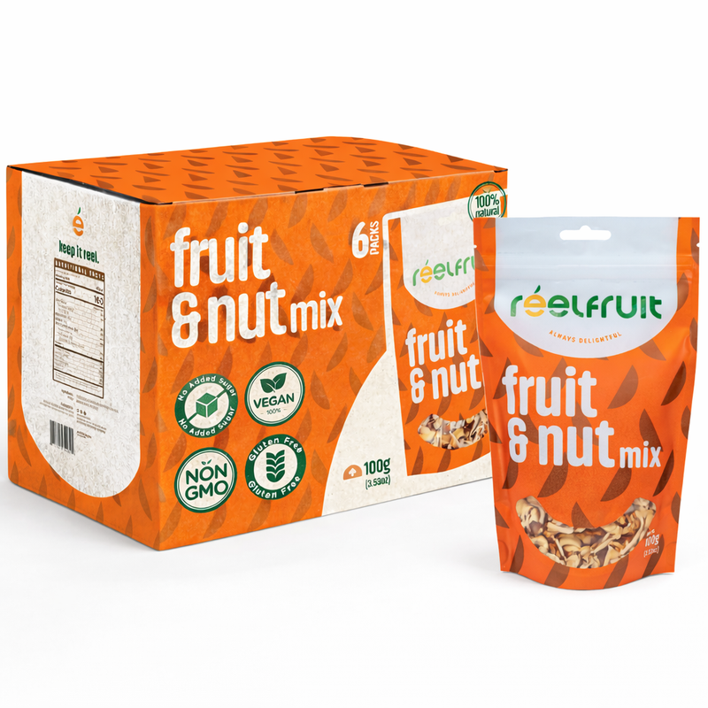 Box and individual packaging of Reelfruit fruit and nut mix. Distributed by AFRIVANA