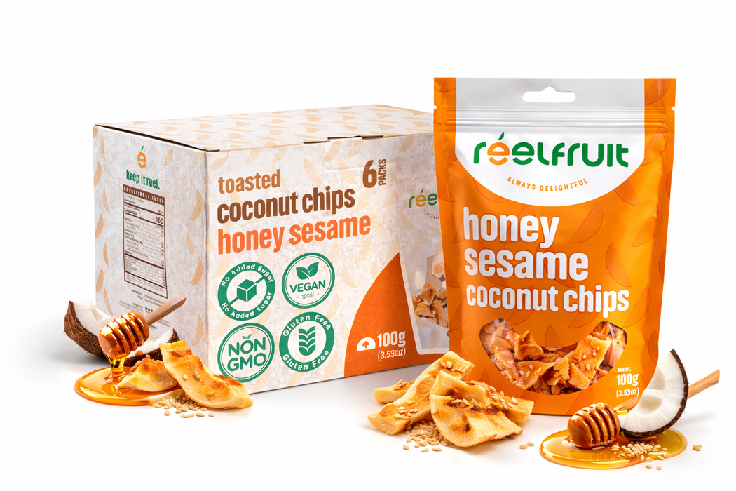 Honey sesame coconut chips packaging with a box and individual bag. Distributed by AFRIVANA