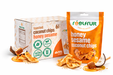 Honey sesame coconut chips packaging with a box and individual bag. Distributed by AFRIVANA